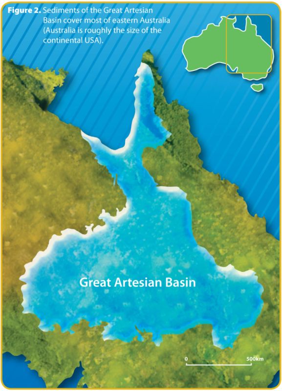 Осадочные слои Большого Артезианского бассейна покрывают большую часть территории восточной Австралии