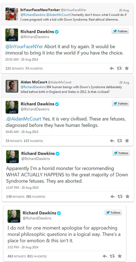 Ричард Докинз отзывается о не рождённых детях с СД на своей страничке в сети Twitter